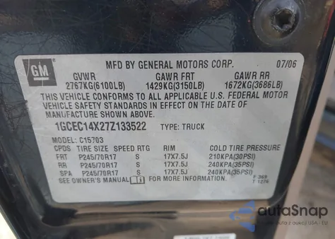 2007 Chevrolet Silverado 1500 Classic Ls z USA, uszkodzony, nr VIN 1GCEC14X27Z133522